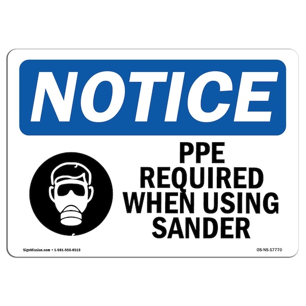 OSHA Sign, PPE Required When Using Sander With Symbol, 10in X 7in Aluminum, 10" W, 7" H, Landscape